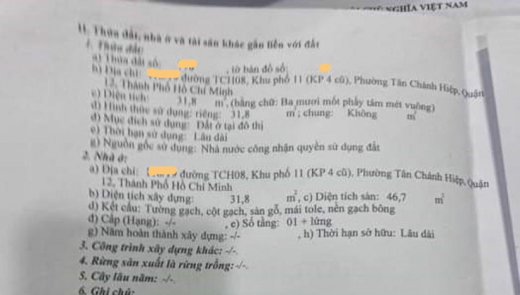 Bán nhà Tân Chánh Hiệp 08 Q.12, 47m2, 1 tầng, Ngang 4.3m, Đường 5m giá chỉ 3.x tỷ